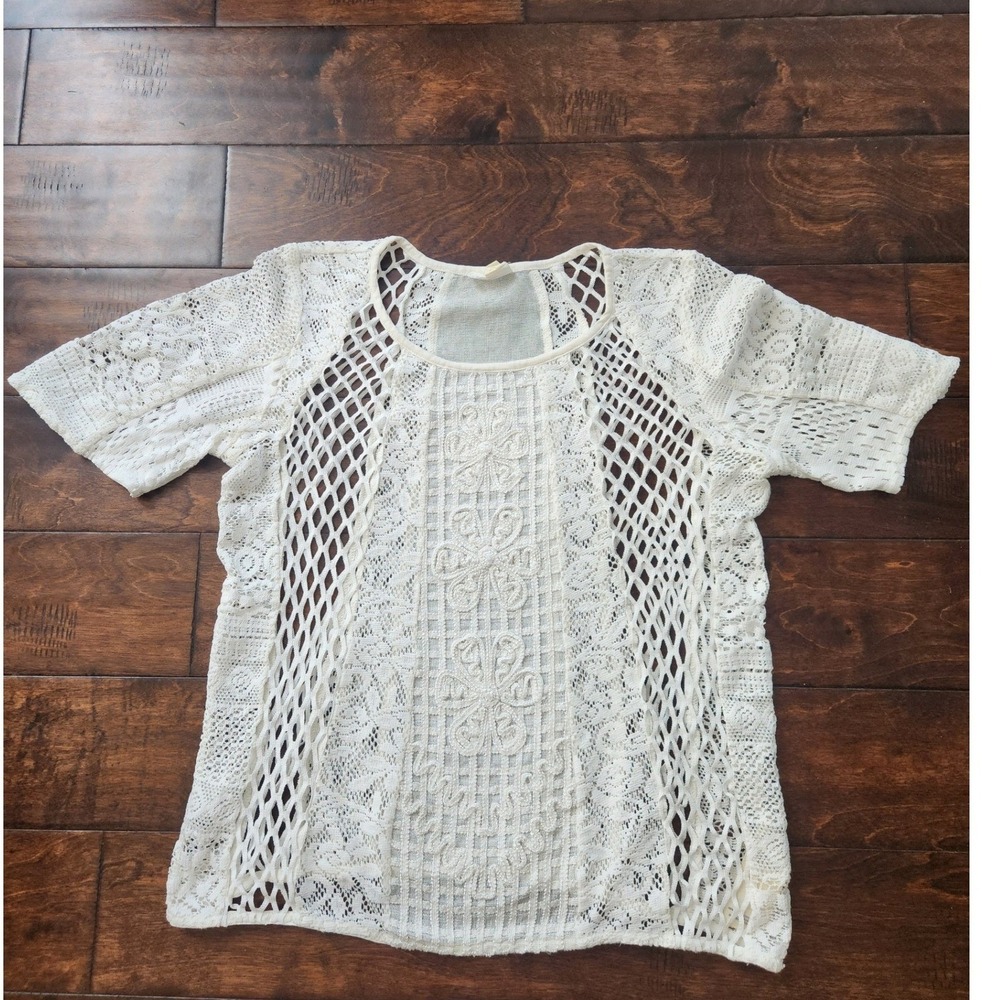 Meadow Rue Anthropologie Lace Top Womens Medium Cream Excellent Boho Mesh Floral